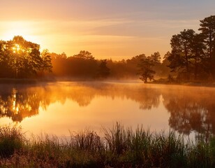 Fototapeta premium A tranquil lake at sunrise with mist rising above the water and the reflection of surrounding trees.