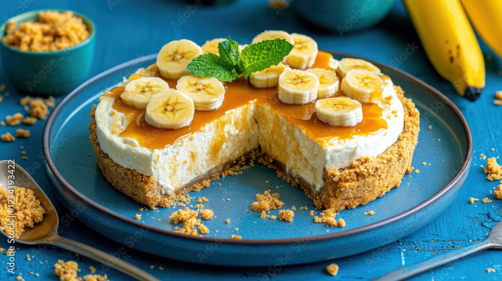 Poster banoffee, a high-quality image of a banoffee pie with neatly arranged banana slices, perfect for cul