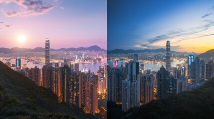 Obraz premium Hong Kong sunset-to-night cityscape, mountain view, before-after, travel