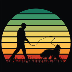Naklejka premium Belgian Shepherd Dog Silhouette Set Against a Retro Sunset 