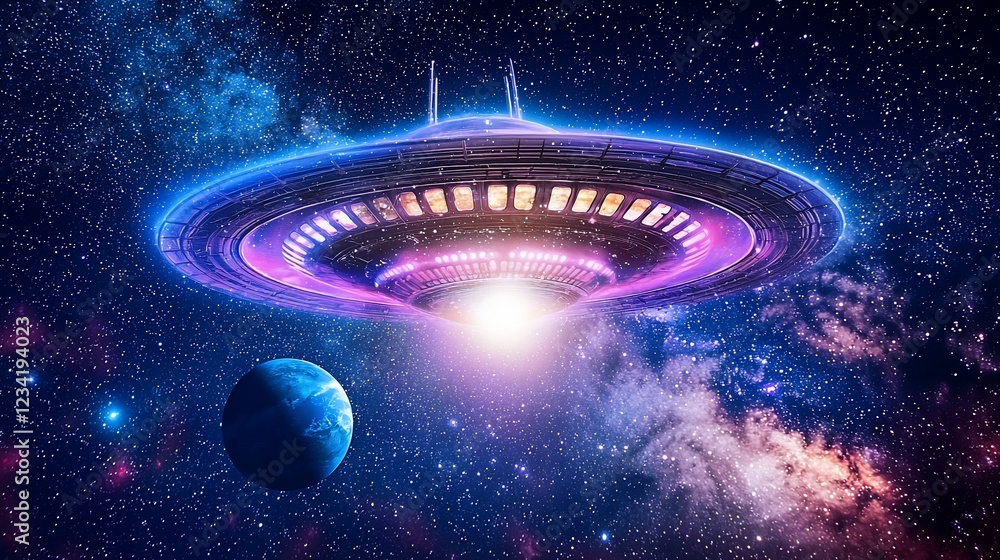 Poster spaceship hovering over planet in a star filled galaxy