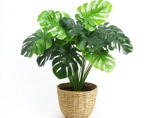 Naklejka premium A striking monstera plant, with its iconic split leaves, stands in a sturdy woven basket. Its vibrant green foliage contrasts beautifully against the crisp white backdrop, enhancing any decor. 