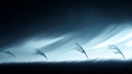 Obraz premium Dark Blue Stormy Night Landscape with Windswept Grass
