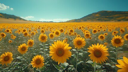 Fototapeta premium Sunflowers blooming in vast field, hills background, summer day, idyllic scene