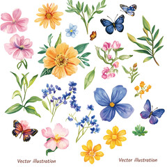 Watercolor collection of various flowers, leaves, plants and Butterfly vector illustrations. Floral bouquet, botanical leaf, floral, wedding frame, card, invitation, greeting decoration.