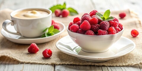Miniature tilt-shift photography captures creamy coffee, raspberries, and a vibrant burst of red berries.