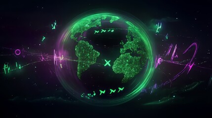 Obraz premium A digital, green-glowing world map against a dark, cosmic background.