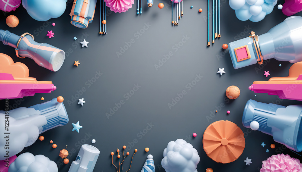 Poster colorful abstract objects arranged around empty space