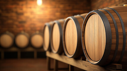 A close-up view of wine barrels in a cellar, showcasing craftsmanship and the rich textures of wood in a sophisticated setting