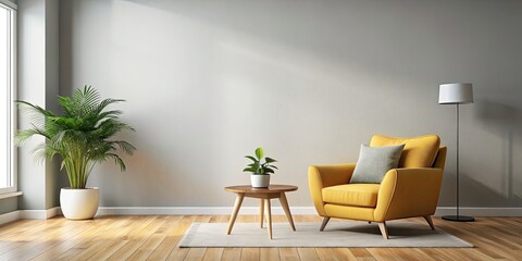 Modern living room with minimalist design, featuring an armchair and empty wall space perfect for artwork.