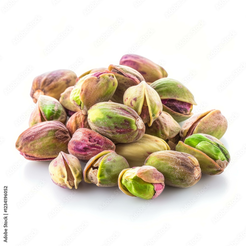 Poster roasted pistachios with some shells slightly open, creating a small pile on a white background