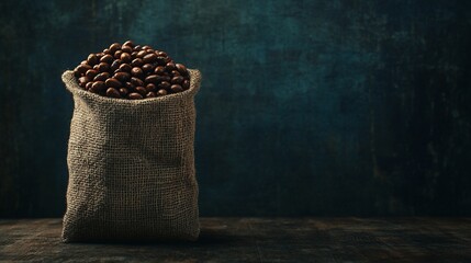 Roasted coffee beans burlap sack rustic background