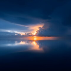Fototapeta premium Dark Blue Sunset Over Calm Ocean Water