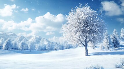 Fototapeta premium Winter Scene With Snow-Covered Trees and Mountains Under a Cloudy Blue Sky
