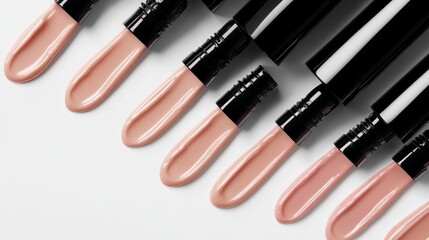 Obraz premium Beige nude tone lipstick make up isolated on a studio background,natural Liquid lipsticks,makeup cosmetic lips, product mockup for beauty fashion business,sale,swatch color,template.