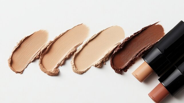 Makeup Concealer stick,foundation and cushion,Collection of skin foundation bottles in different shades and samples on color background,makeup essentials,Cushion Foundation liquid and swatche.