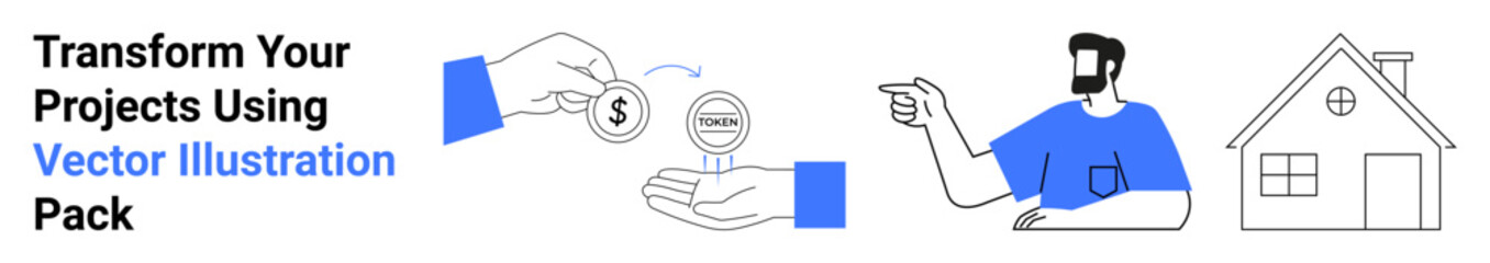 Hand exchanging coin, savings jar, man pointing, and house outline symbolizing financial planning, investment, education, business, saving real estate and smart decisions. Ideal for flat landing