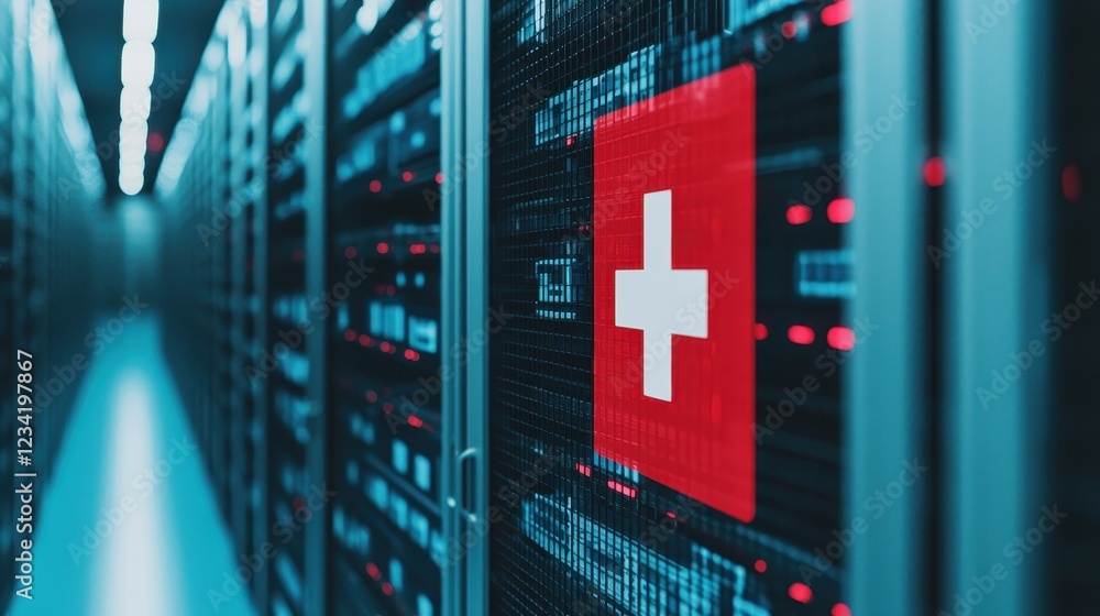 Poster data center with red cross symbol on server rack