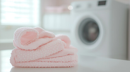 Soft baby clothes in gentle pastel colors are neatly folded and arranged in a serene nursery setting. The backdrop features a washing machine, hinting at care and cleanliness. Generative AI