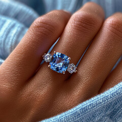 A macro shot photograph of a blue cushion cut moissanite with three round stones on the sides worn on a hand. Sterling silver material. Extreme sparkle and light refraction.