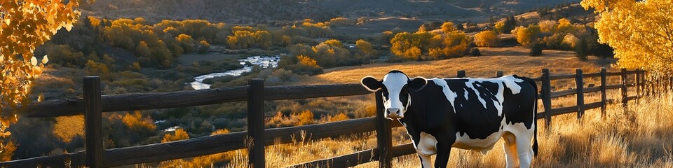 A black-and-white cow standing near a wooden fence with a scenic landscape and golden hour lighting. 