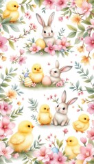 Cute spring bunny and chick pattern with flowers and easter eggs