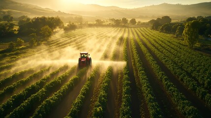 A red tractor sprays crops in golden light over lush vineyard fields.