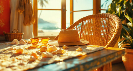 Sunlit beach cottage scene with straw hat and sunglasses on table