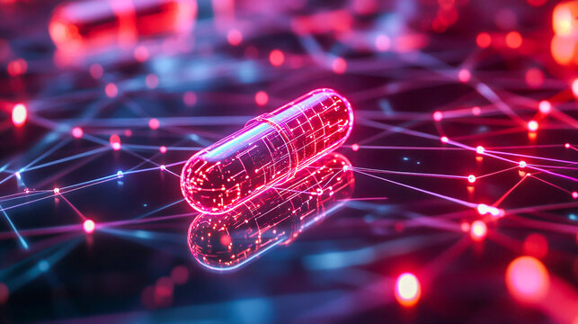 A digital illustration of a pill on a futuristic network background, symbolizing AI-powered precision medicine, personalized healthcare, and advanced treatment solutions