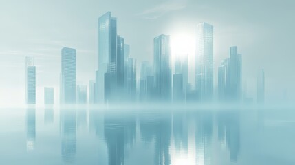 Fototapeta premium Serene misty skyline with towering glass buildings reflecting soft sunlight.