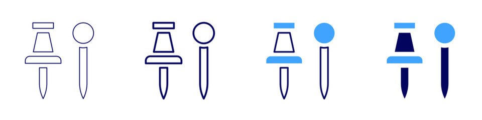 Push pin icon in 4 different styles. Thin Line, Line, Bold, and Bold Line. Duotone style. Editable stroke