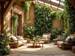 Naklejka premium Cozy indoor garden with wooden furniture and lush greenery in sunlit room