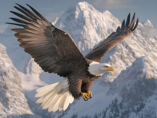 A bald eagle in a graceful landing pose, with a mountain range behind it, wings spread wide to slow its descent