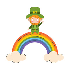 Cartoon leprechaun sitting on a rainbow. Irish symbol. Vector illustration.