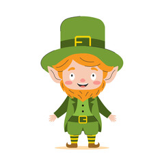Cute leprechaun in traditional green costume and hat. Vector illustration.