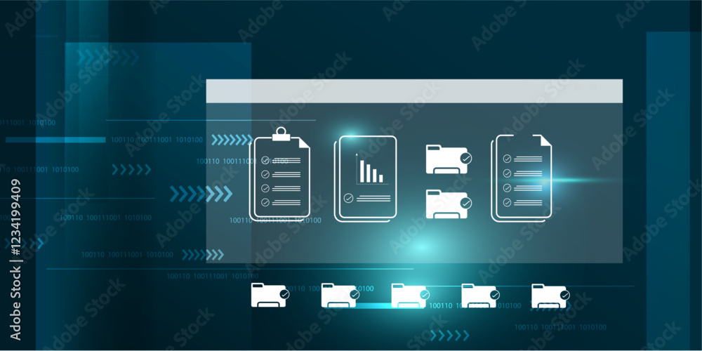 Poster automated document file storage management concept blue background