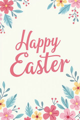 A festive Easter greeting card with Happy Easter written in elegant pink script, surrounded by a delicate border of colorful flowers and leaves, celebrating the holiday.