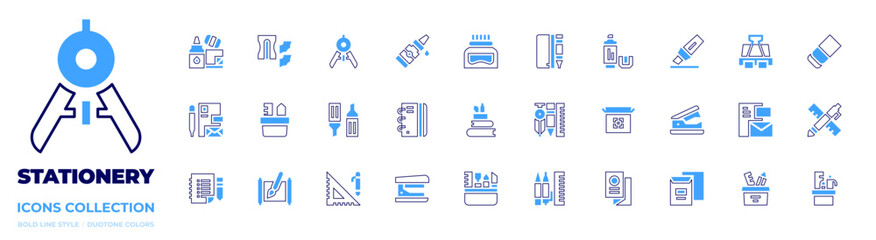 Stationery icon collection. Bold line style. Duotone colors. stationery, rules, calligraphy, markers, notebook, stapler remover, stapler, flyer, education, tools, packaging, pen