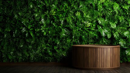 Fototapeta premium Dark Brown Wooden Display Stand Against Lush Green Wall