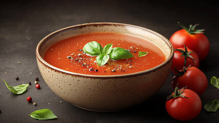 Delicious Tomato Soup Bowl Basil Pepper Food Photography