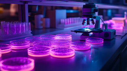A detailed microbiology lab with glowing petri dishes and a powerful microscope capturing live bacteria cultures, during a groundbreaking research project