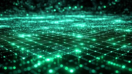 Abstract green glowing digital grid background with futuristic and techno design elements