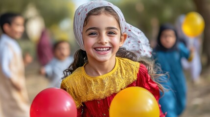 Fototapeta premium Happy girl holding balloons in a festive setting
