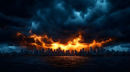 Naklejka premium Dark City Skyline Under a Dramatic Storm
