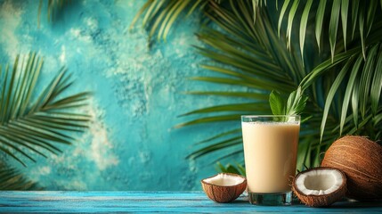 Refreshing coconut milk pouring into glass with tropical blue background