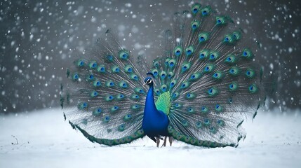 Obraz premium Peacock displaying feathers in snowy winter park