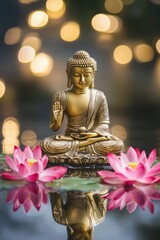 Fototapeta premium Golden Buddha statue surrounded by pink lotus flowers on reflective water