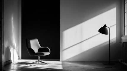 Minimalist monochrome interior with modern chair and floor lamp in sunlit room