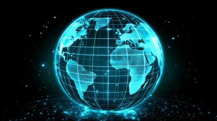 Fototapeta premium Futuristic glowing world map with blue accents on a dark background.