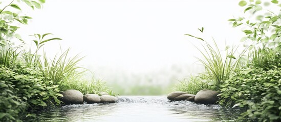 Serene stream flows through lush greenery, misty background, nature scene